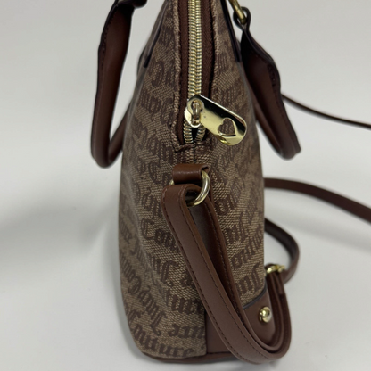 Lynn's Closet Boutique Juicy Couture dome satchel in chestnut and chino monogram print with gold heart zipper pull