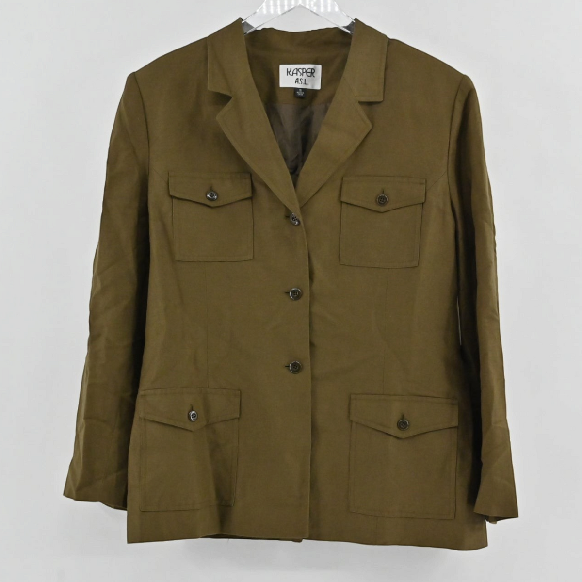 Lynn's Closet Boutique Kasper olive green utility blazer with four buttoned patch pockets and a classic lapel collar.