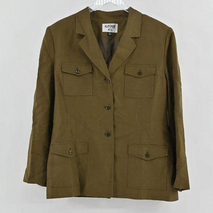 Lynn's Closet Boutique Kasper olive green utility blazer with four buttoned patch pockets and a classic lapel collar.