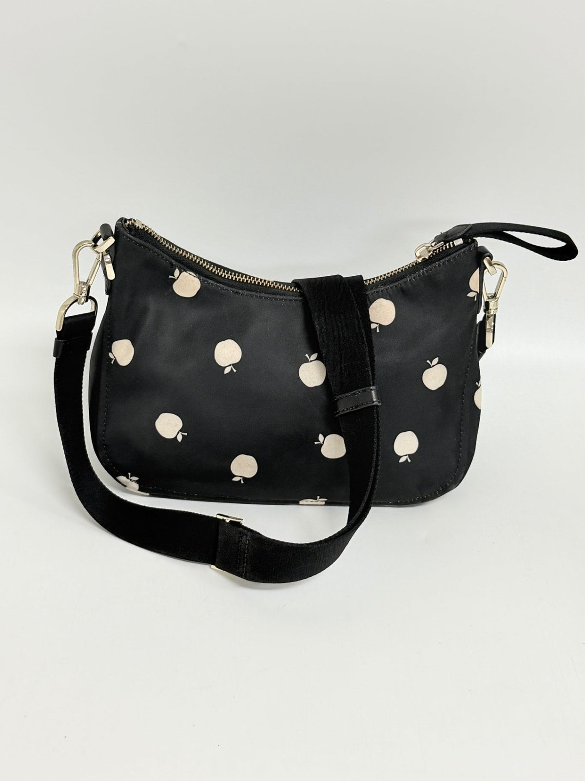 Lynn's Closet Boutique Kate Spade Chelsea black nylon crossbody bag with white apple print and adjustable strap