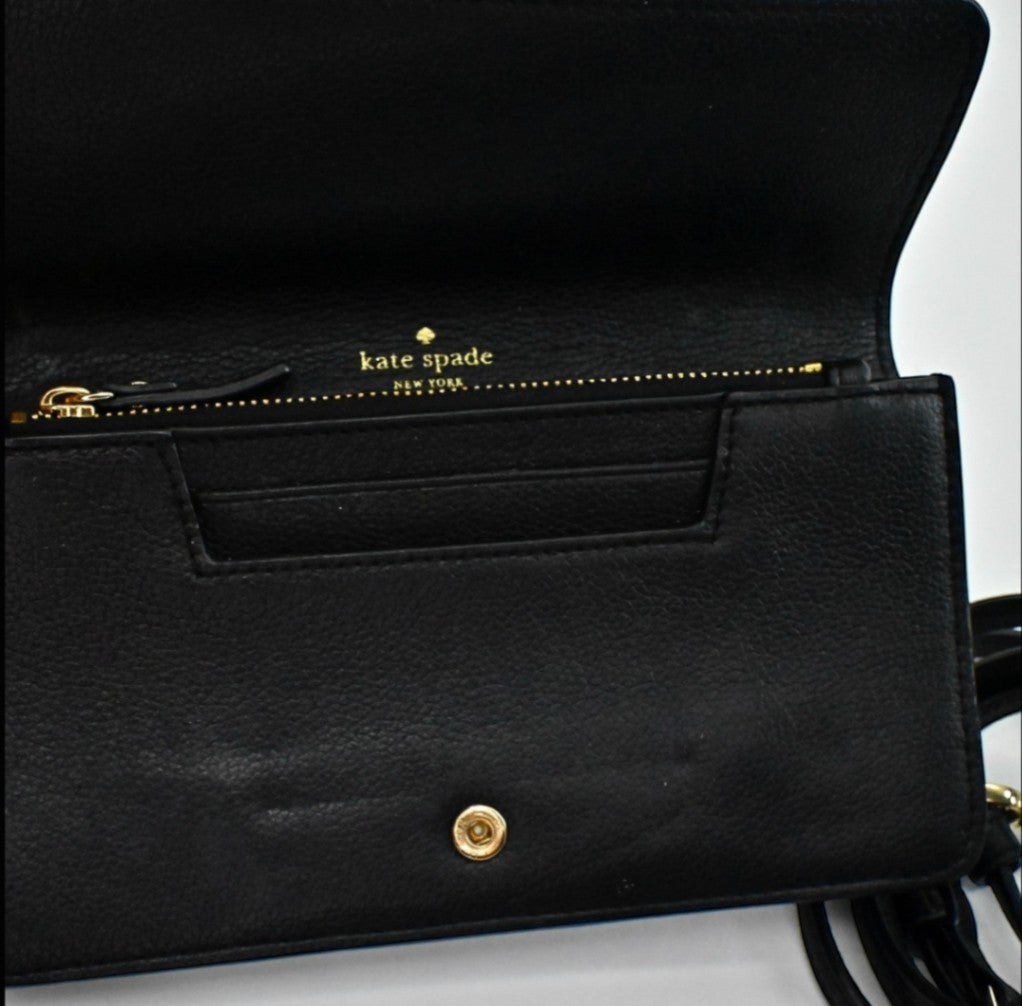 Lynn's Closet Boutique Kate Spade Kaela Carmel Court black leather crossbody bag interior with gold zipper and logo