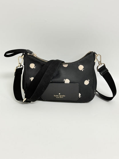Lynn's Closet Boutique Kate Spade Chelsea nylon crossbody bag in black with a white apple print and adjustable strap.