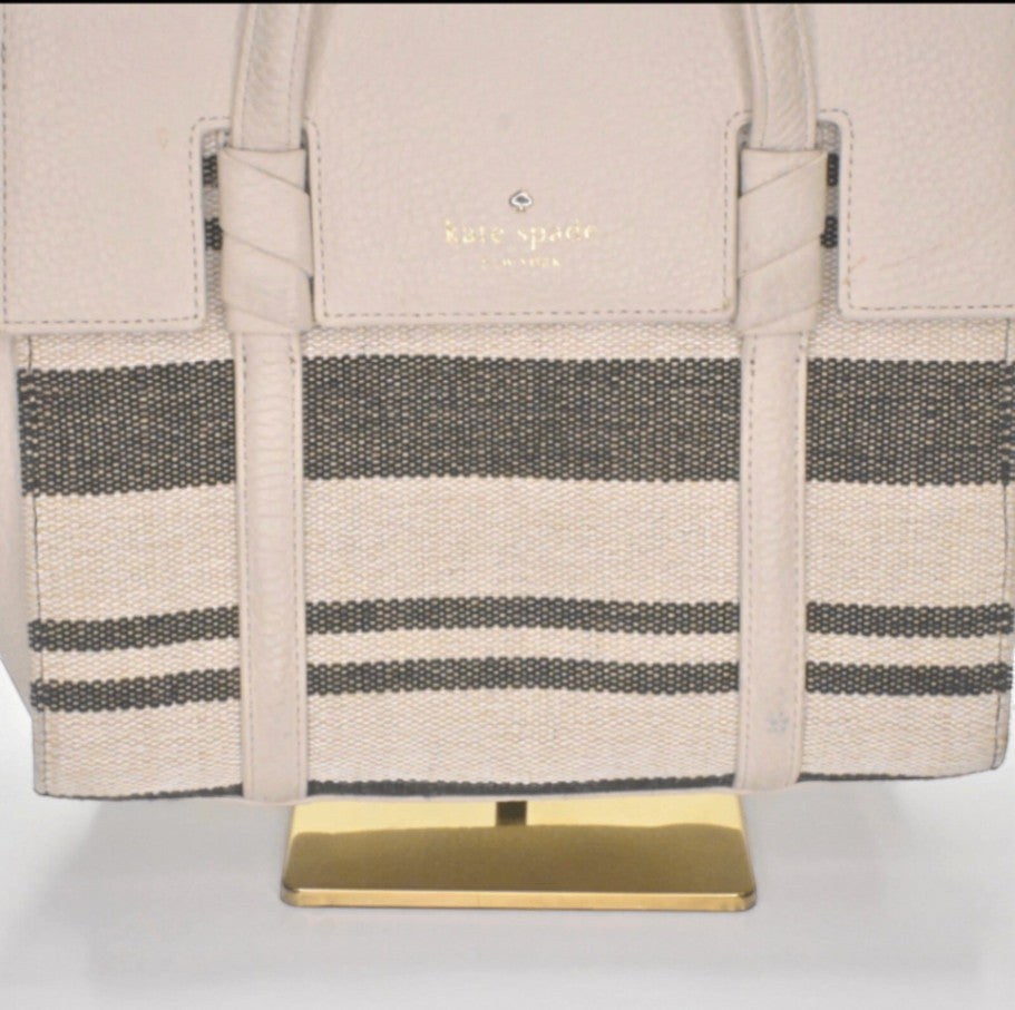 Lynn's Closet Boutique Kate Spade Daniels Drive Abigail tote in neutral pebbled leather with woven stripe panel.