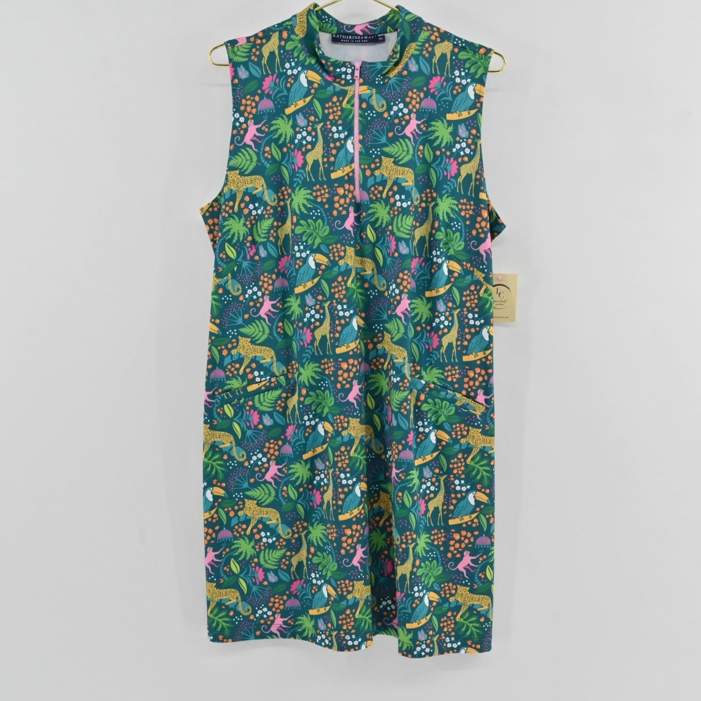 Lynn's Closet Boutique Katherine Way sleeveless jungle print dress with high neck, front zipper, and side pockets.