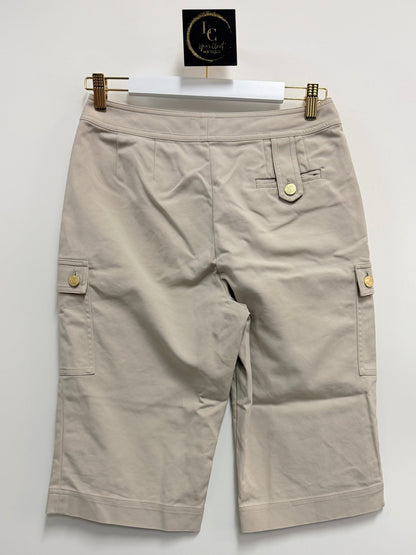 Lynn's Closet Boutique St. John khaki cargo shorts with gold-tone button pockets, back view on hanger.
