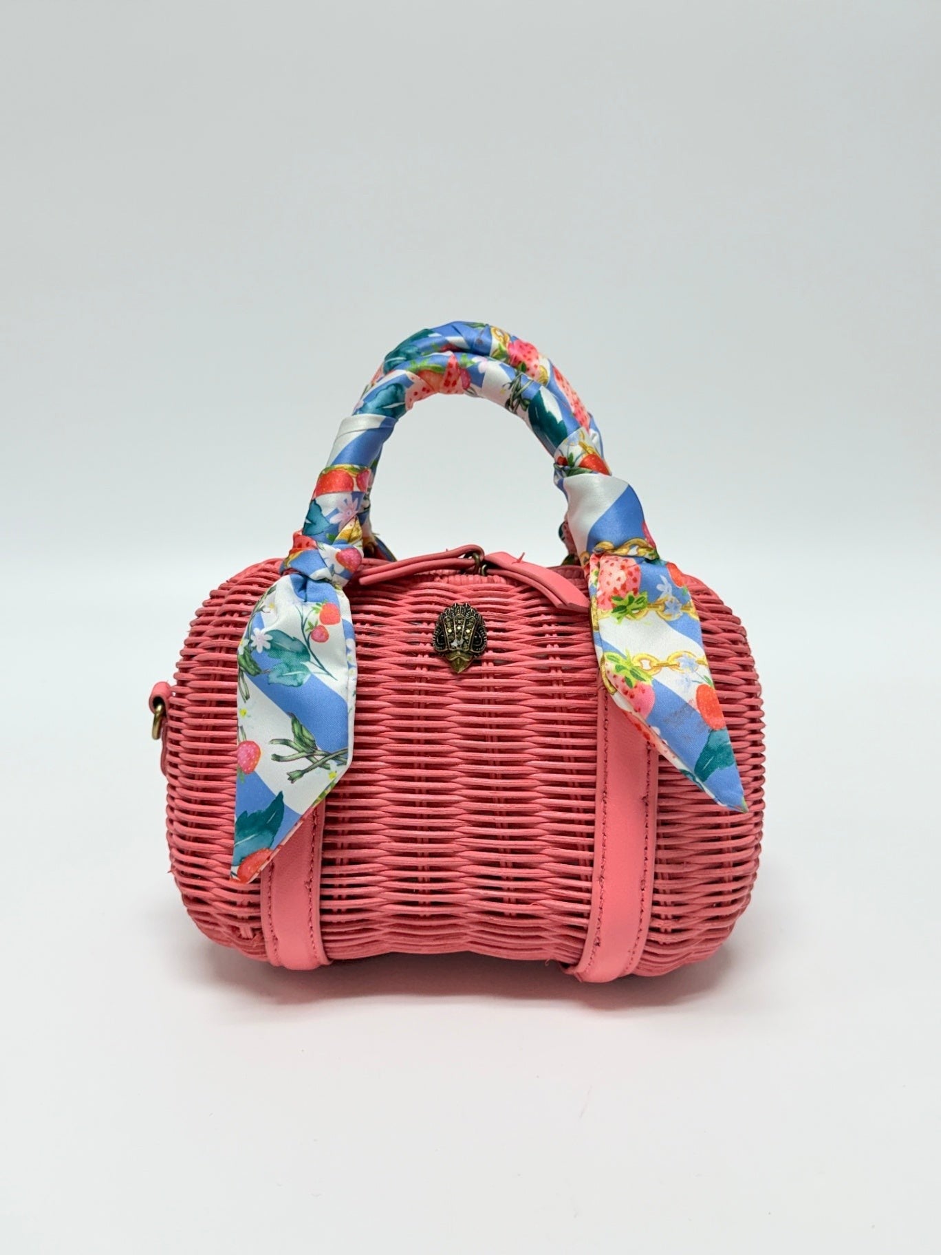 Lynn's Closet Boutique Kurt Geiger coral woven basket Boston bag with eagle emblem and strawberry print scarf handle