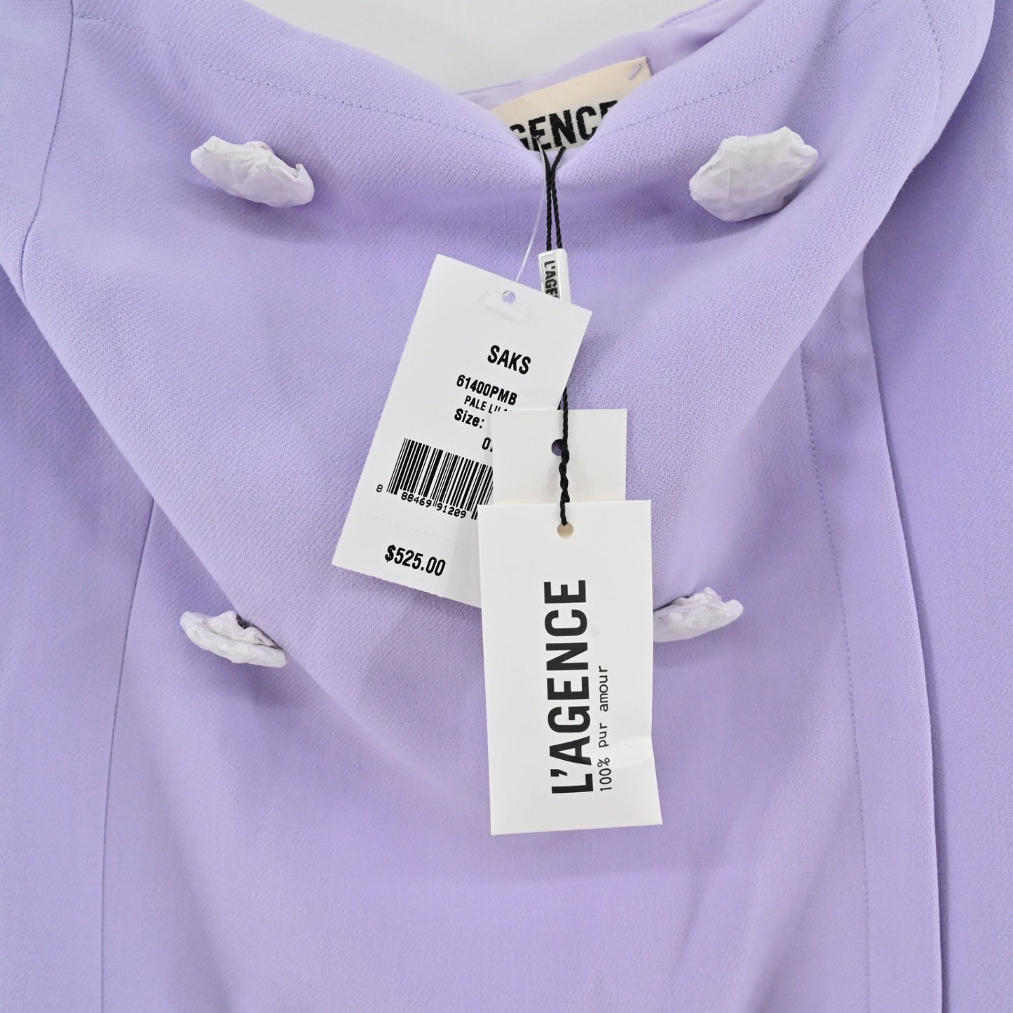 Lynn's Closet Boutique L'Agence lilac strapless bustier dress with double-breasted button detail and original tags