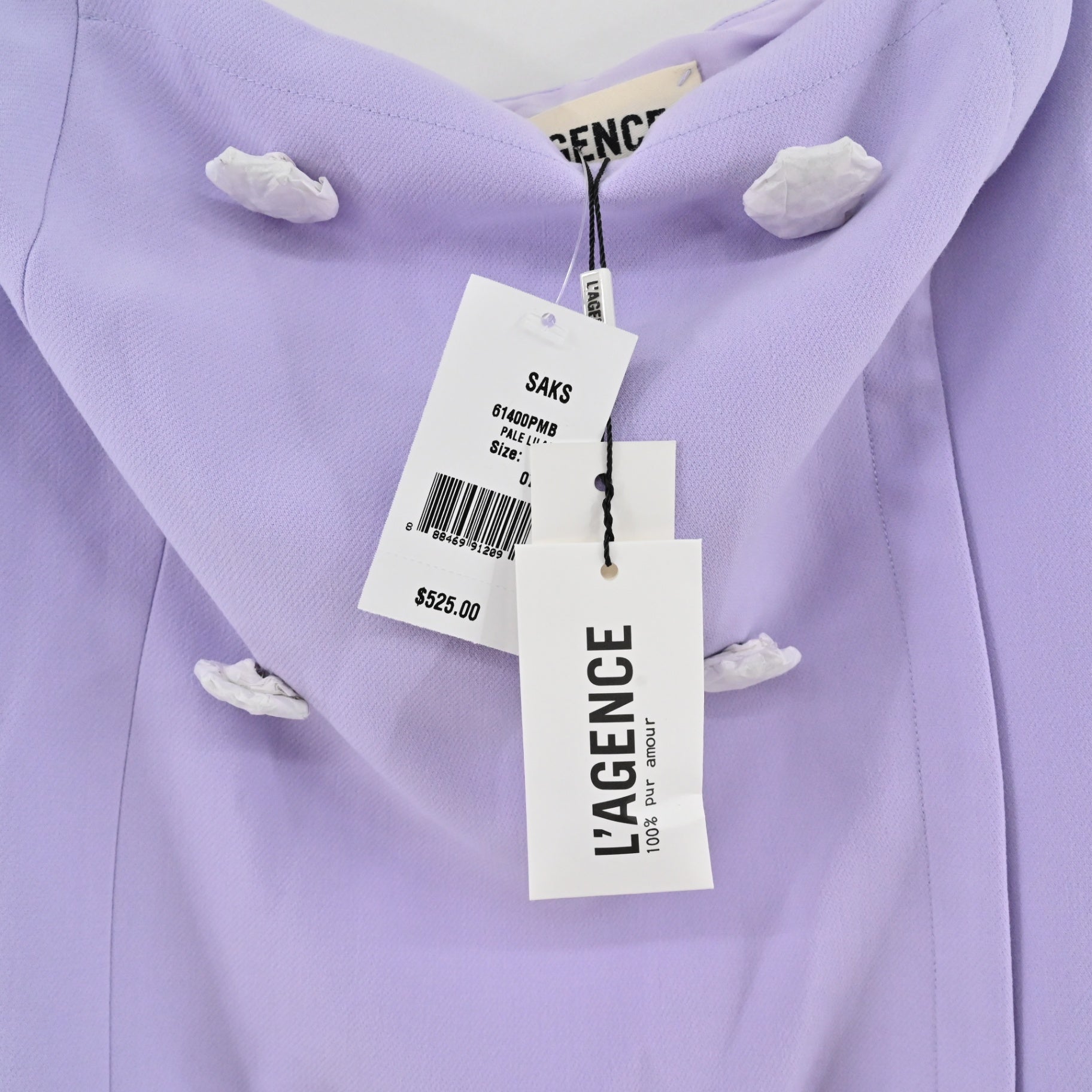 Lynn's Closet Boutique L'Agence lilac strapless bustier dress with double-breasted button detail and original tags