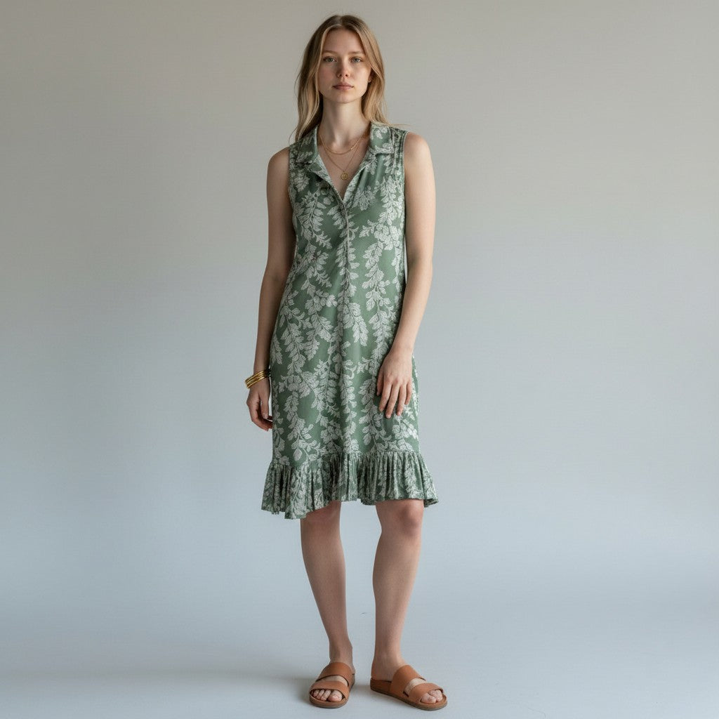 Lynn's Closet Boutique Laura Ashley sage green floral sleeveless dress with collar and ruffled hem, size M.