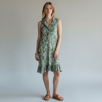 Lynn's Closet Boutique Laura Ashley sage green floral sleeveless dress with collar and ruffled hem, size M.