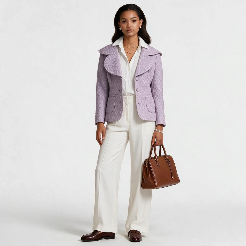 Lynn's Closet Boutique Anthropologie lavender purple brocade blazer with oversized collar worn by a model