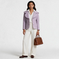 Lynn's Closet Boutique Anthropologie lavender purple brocade blazer with oversized collar worn by a model