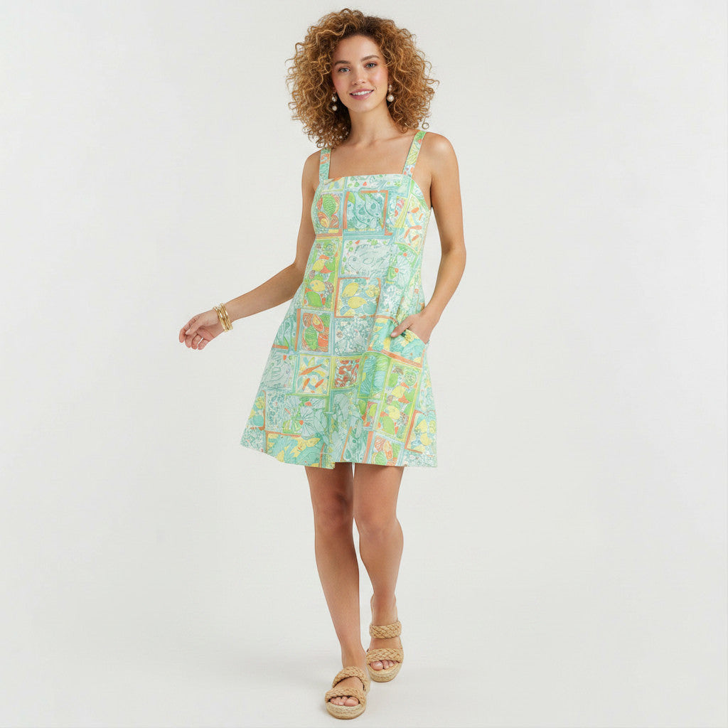Lynn's Closet Boutique pastel blue and green square print midi dress with lemons and card motifs, size 10.