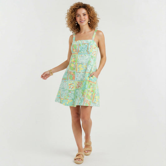 Lynn's Closet Boutique pastel blue and green square print midi dress with lemons and card motifs, size 10.