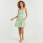 Lynn's Closet Boutique pastel blue and green square print midi dress with lemons and card motifs, size 10.
