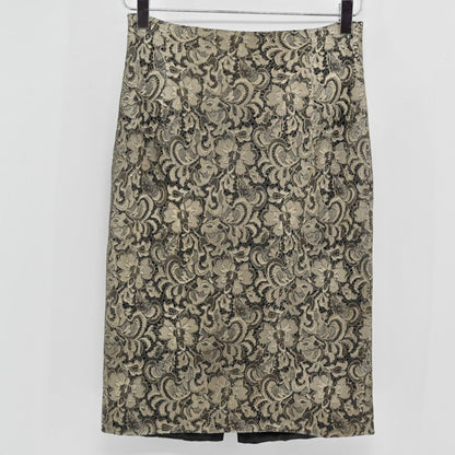 Lynn's Closet Boutique LES COPAINS pencil skirt in a beige and black floral lace pattern with a tailored fit.