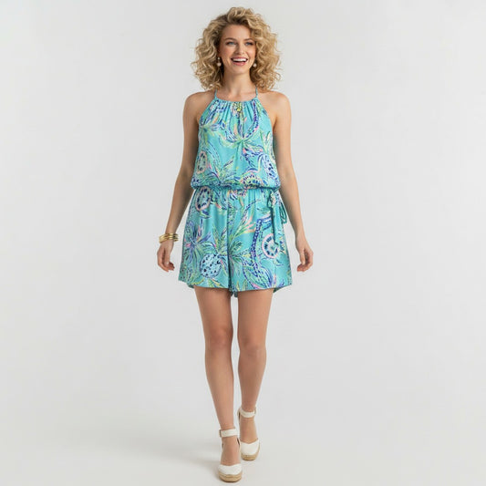 Lynn's Closet Boutique light blue floral print cotton blend romper with elastic waistband and spaghetti straps, size L.