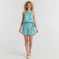 Lynn's Closet Boutique light blue floral print cotton blend romper with elastic waistband and spaghetti straps, size L.