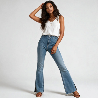 Model wearing Lynn's Closet Boutique light wash high-rise flare jeans with a split hem and frayed raw edge