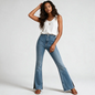 Model wearing Lynn's Closet Boutique light wash high-rise flare jeans with a split hem and frayed raw edge