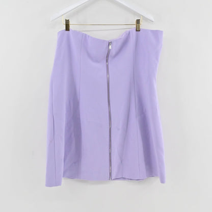 Lynn's Closet Boutique L'Agence lilac strapless bustier dress with a front zipper hanging on a white hanger.