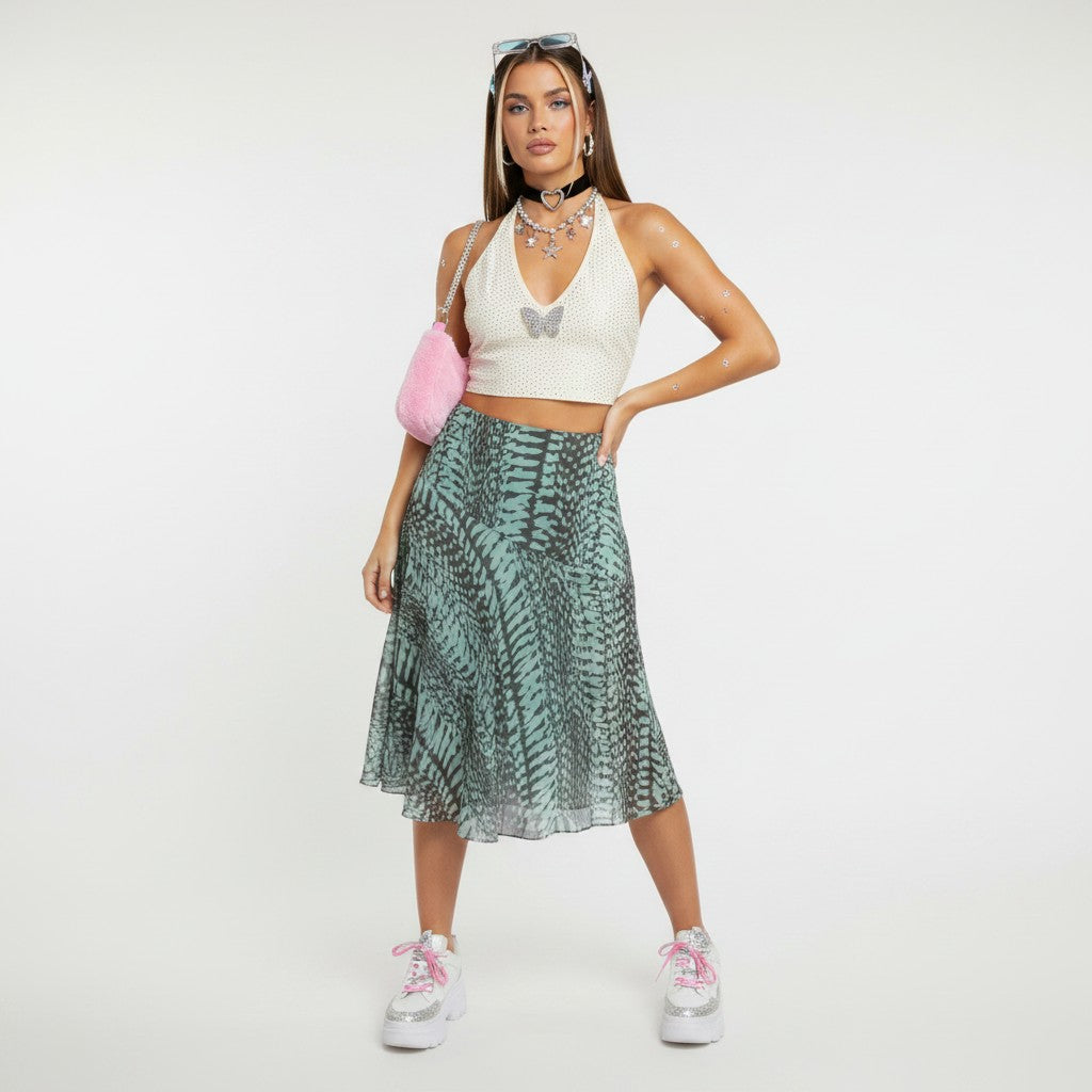 Lynn's Closet Boutique Liliu mint and gray abstract print midi skirt with A-line silhouette and flowing fabric.
