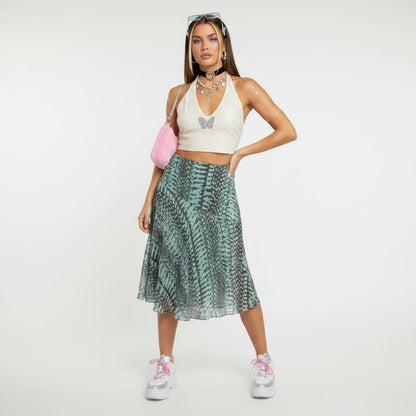 Lynn's Closet Boutique Liliu mint and gray abstract print midi skirt with A-line silhouette and flowing fabric.