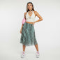 Lynn's Closet Boutique Liliu mint and gray abstract print midi skirt with A-line silhouette and flowing fabric.