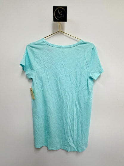 Back view of a Lilly Pulitzer Etta aqua short-sleeve tee from Lynn's Closet Boutique with a scoop neck and curved hem.