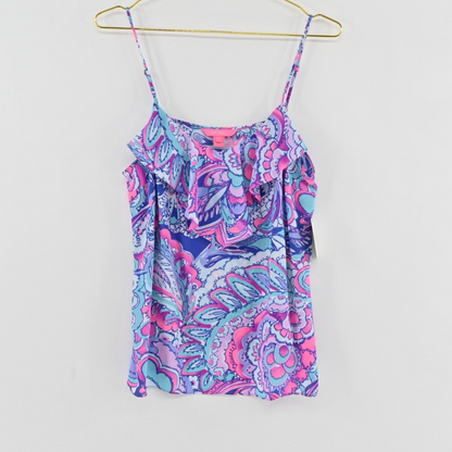 Lynn's Closet Boutique Lilly Pulitzer Karmen Cami in pink and blue tropical mermaid print with ruffle neckline