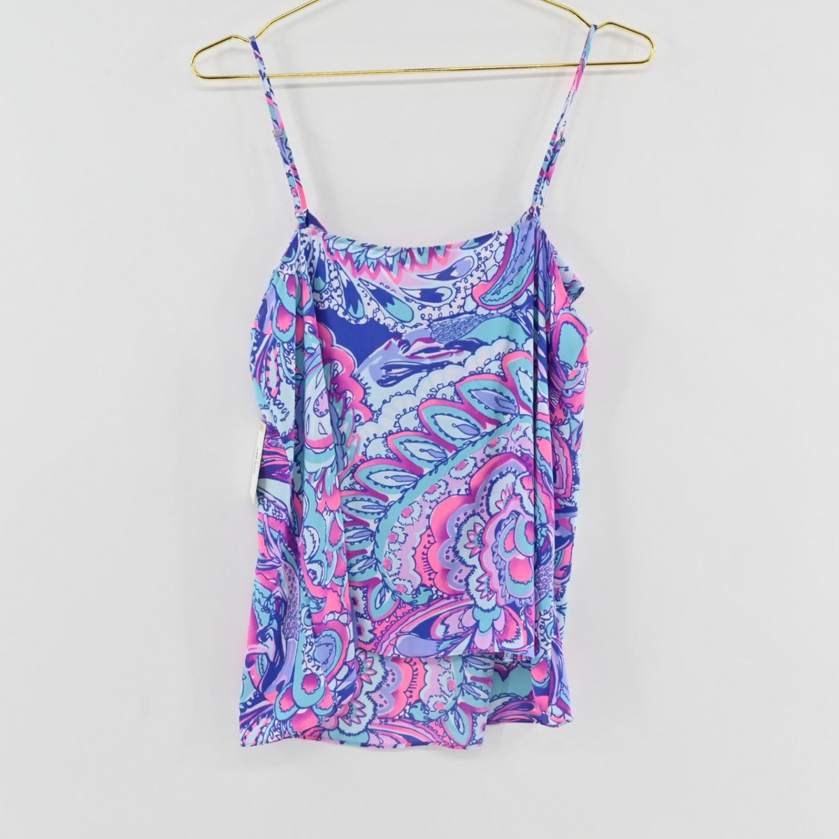 Lynn's Closet Boutique Lilly Pulitzer Karmen Cami in Pink Tropics Mermaid Call print with spaghetti straps and ruffles
