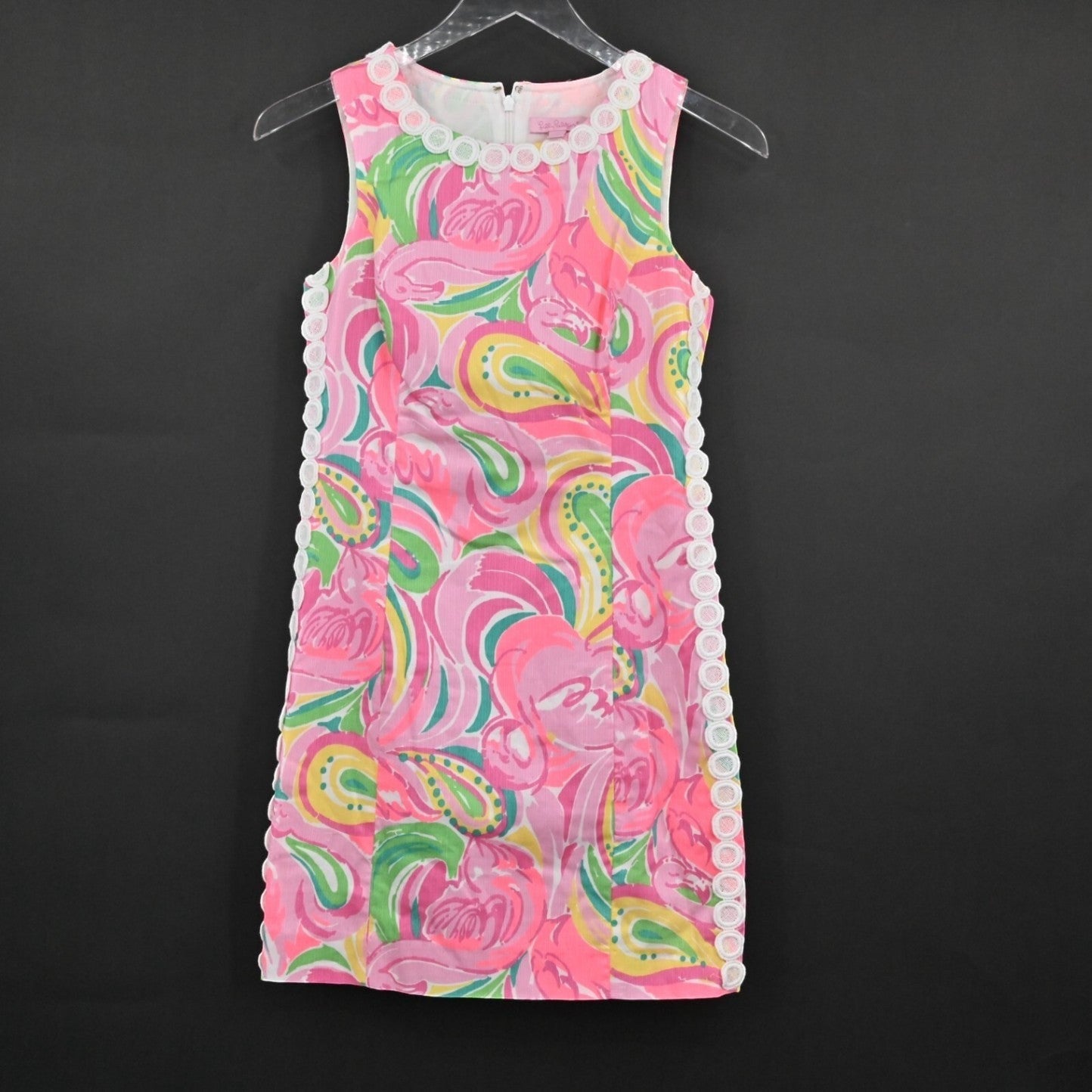 Lynn's Closet Boutique Lilly Pulitzer Mila shift dress in pink and green All Nighter Flamingo print with white lace trim.