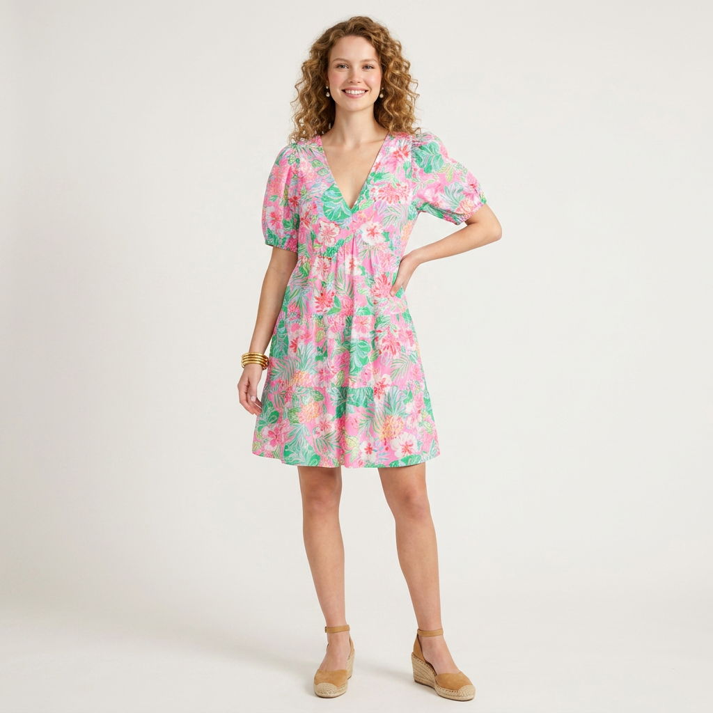Lynn's Closet Boutique Lilly Pulitzer Nalani dress with pink and green tropical floral print, V-neck, and puff sleeves.