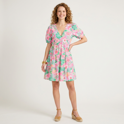 Lynn's Closet Boutique Lilly Pulitzer Nalani dress with pink and green tropical floral print, V-neck, and puff sleeves.