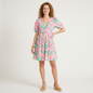 Lynn's Closet Boutique Lilly Pulitzer Nalani dress with pink and green tropical floral print, V-neck, and puff sleeves.