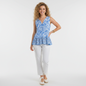 Lynn's Closet Boutique model wearing a blue and white botanical print Lilly Pulitzer sleeveless peplum top with white pants