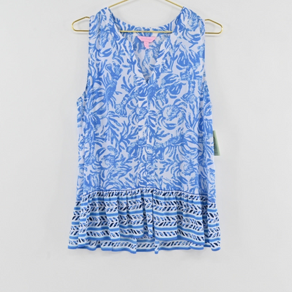 Lynn's Closet Boutique Lilly Pulitzer sleeveless blue and white botanical print peplum top with a V-neckline.