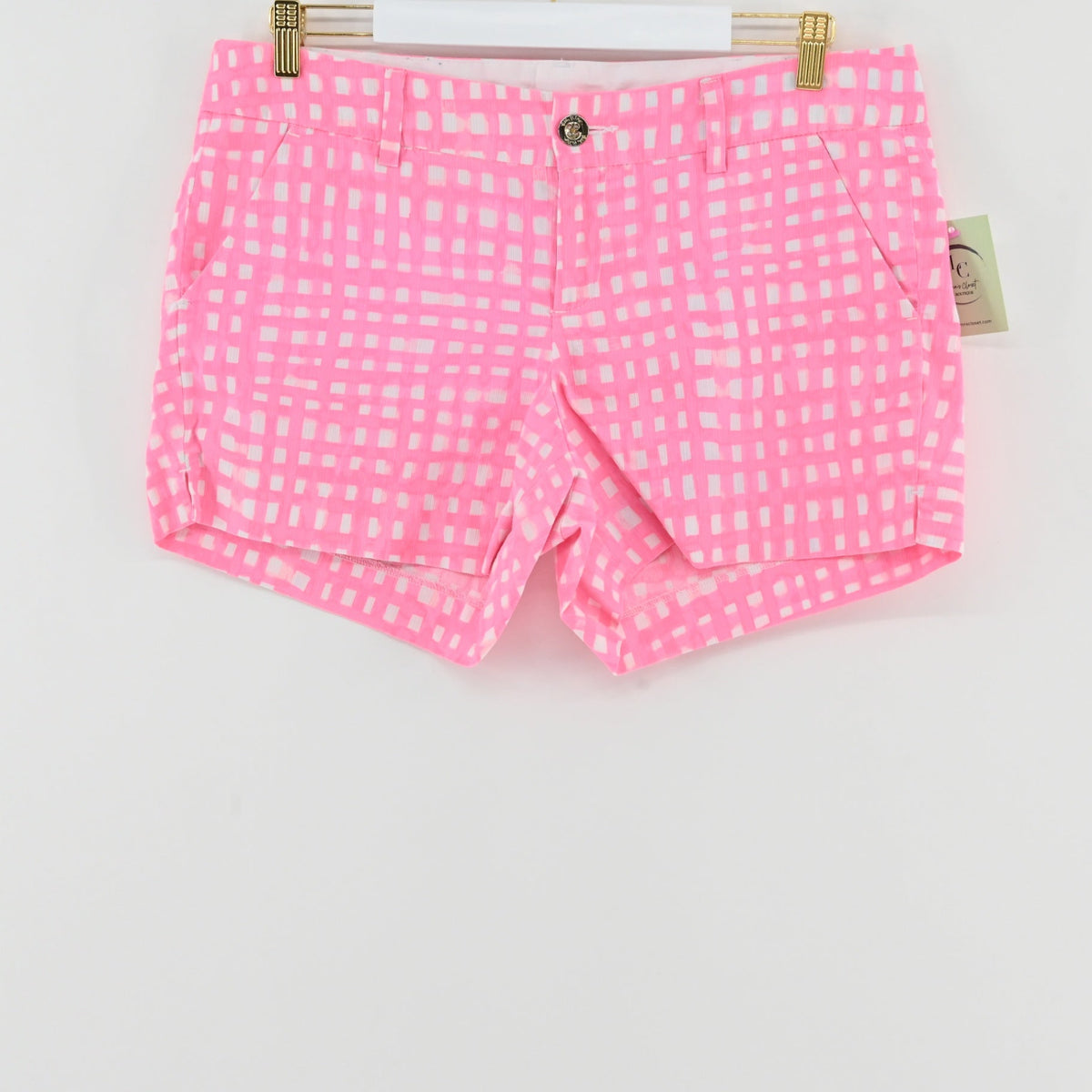Lynn's Closet Boutique Lilly Pulitzer Callahan shorts in pink and white abstract grid print with a tailored fit.
