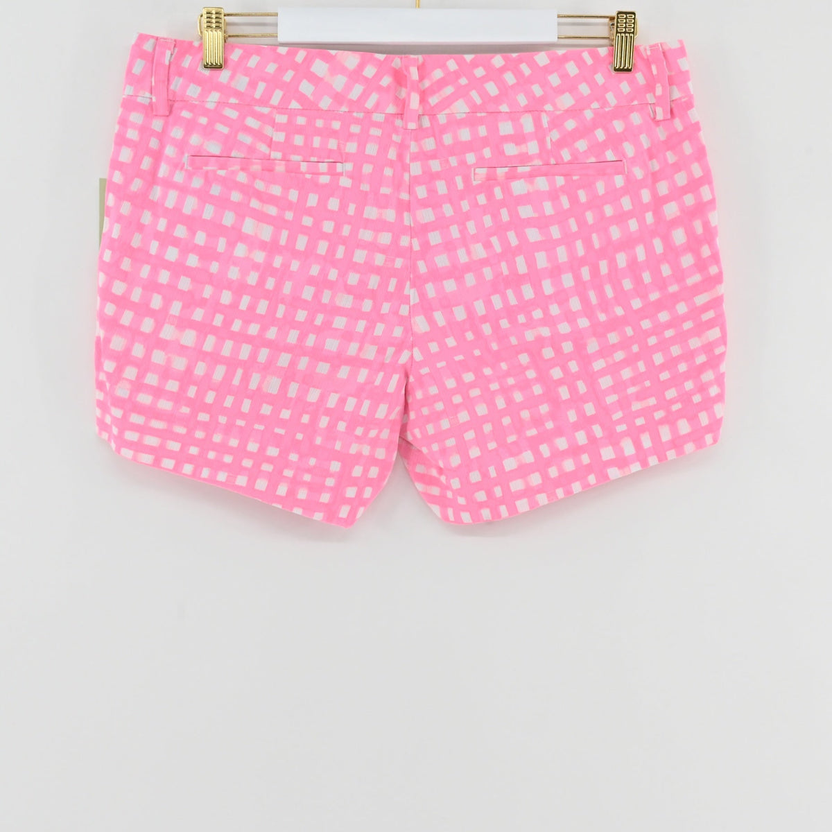 Lynn's Closet Boutique Lilly Pulitzer Callahan shorts in Pascha Pink Feelin Beachy abstract grid print, back view.