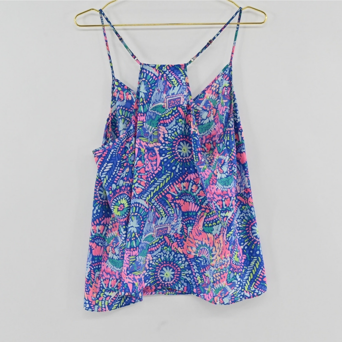 Lynn's Closet Boutique Lilly Pulitzer silk tank top in blue and pink No Prob Llama print with spaghetti straps