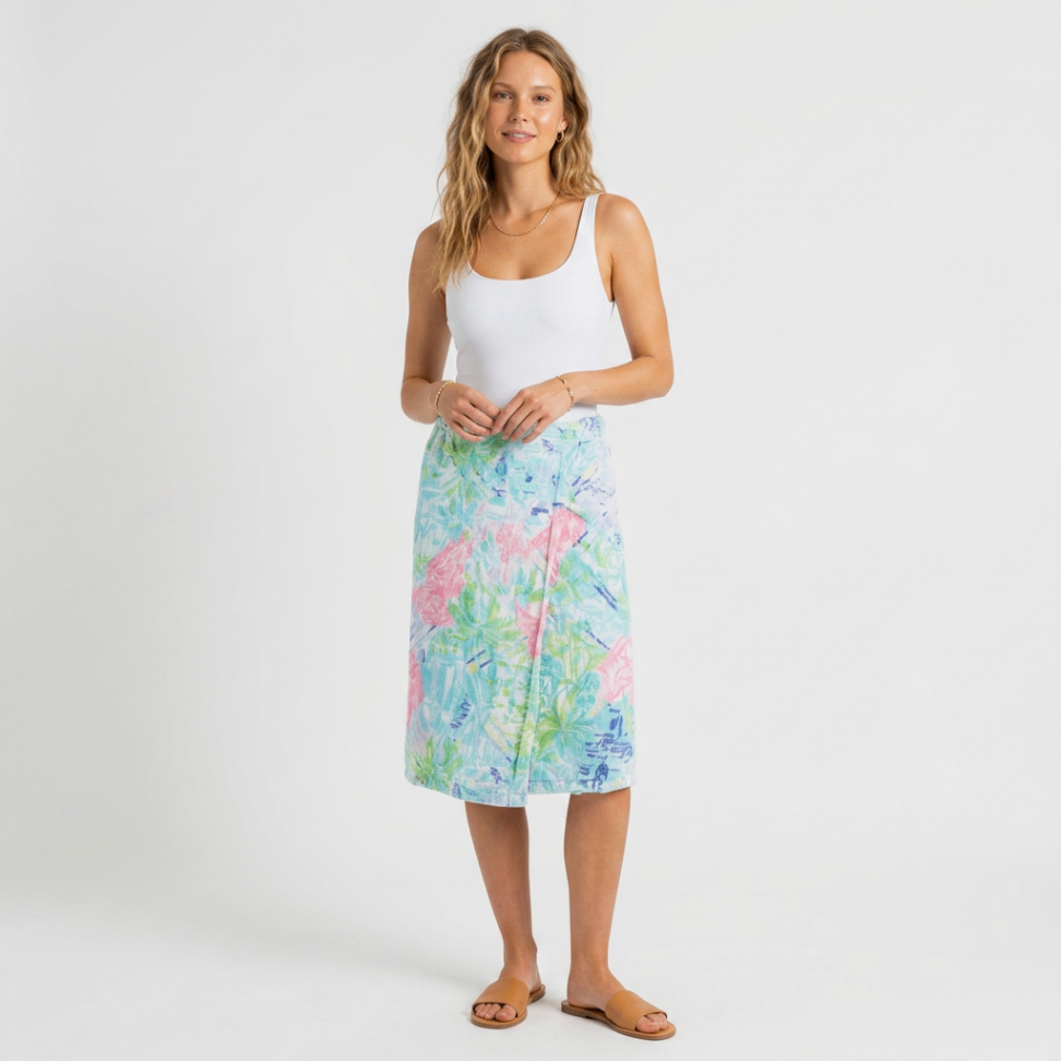 Model wearing a Lynn's Closet Boutique Lilly Pulitzer terry cloth spa towel wrap with a vibrant tropical print