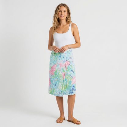 Model wearing a Lynn's Closet Boutique Lilly Pulitzer terry cloth spa towel wrap with a vibrant tropical print