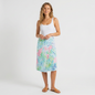 Model wearing a Lynn's Closet Boutique Lilly Pulitzer terry cloth spa towel wrap with a vibrant tropical print