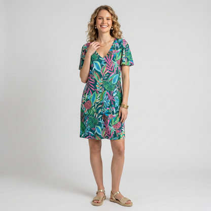 Lynn's Closet Boutique Lilly Pulitzer Aleece T-Shirt dress with tropical botanical print in green, pink, and blue