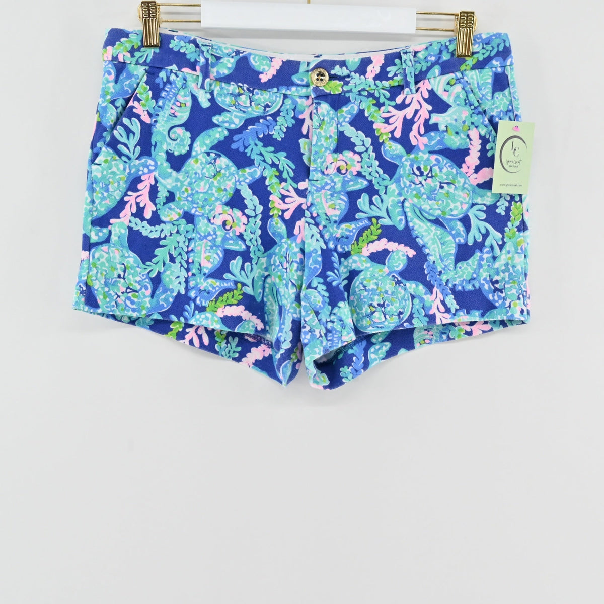 Lynn's Closet Boutique Lilly Pulitzer Callahan shorts in blue Turtle Villa print with sea turtle and coral motifs.