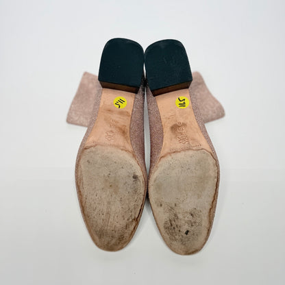 Lynn's Closet Boutique Loeffler Randall Carter rose gold glitter ankle booties showing the worn leather soles