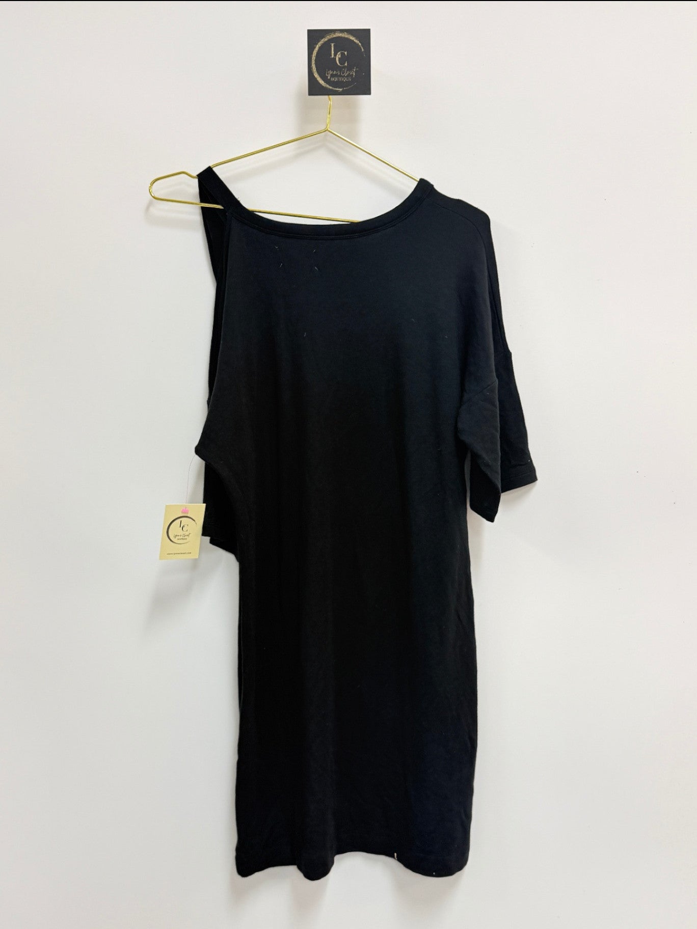 Lynn's Closet Boutique Lou & Grey black off-the-shoulder casual dress with relaxed fit, size XS, new with tags.