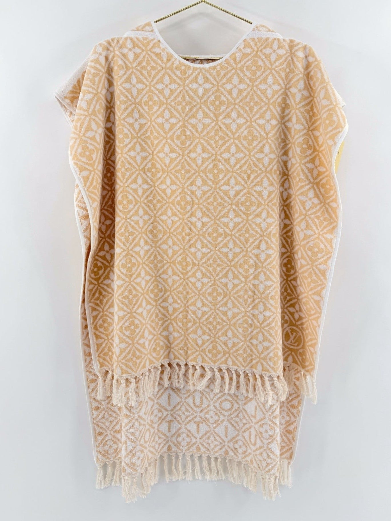 Lynn's Closet Boutique Louis Vuitton yellow and white monogram flower tile beach cape with a fringed hem.