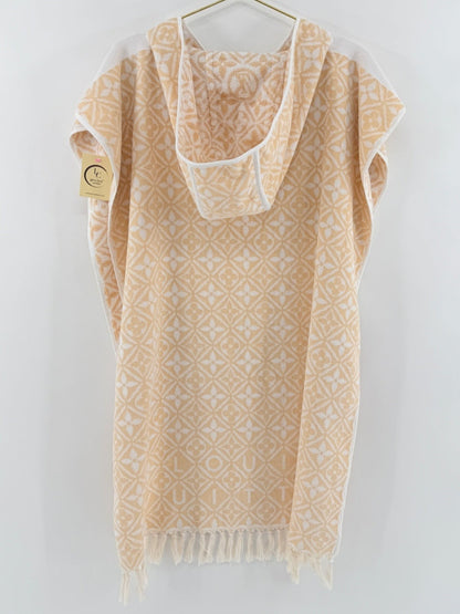 Lynn's Closet Boutique Louis Vuitton yellow and white monogram flower tile beach cape with hood and fringed hem.