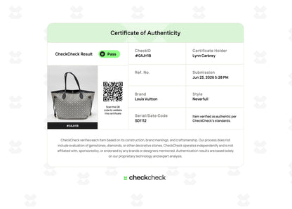 Lynn's Closet Boutique certificate of authenticity for a navy Louis Vuitton Neverfull MM Monogram Idylle tote bag